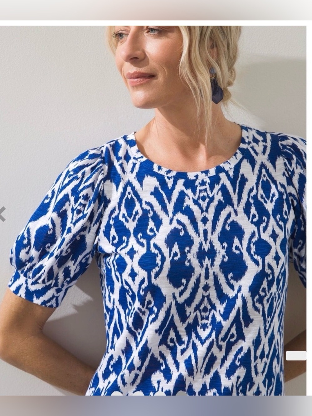 Chico’s Ikat Print Blouse in Royal Blue and White| Size: 3